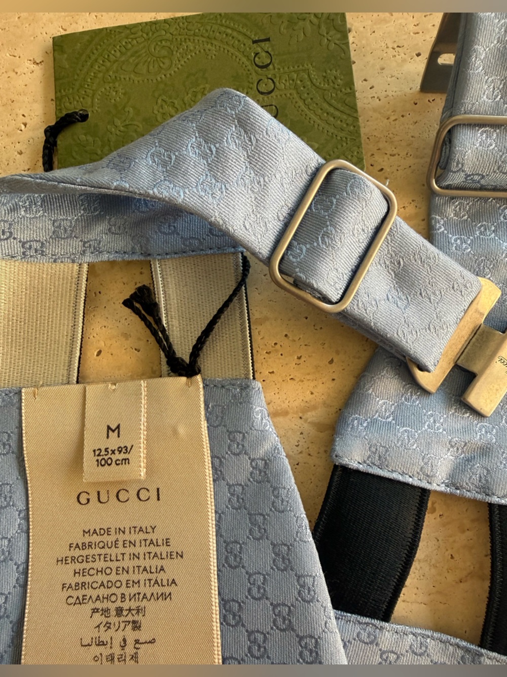 NWT GUCCI SILK CUMMERBUND WITH GG PATTERN LIGHT BLUE  Sz M 💙 - Picture 8 of 10